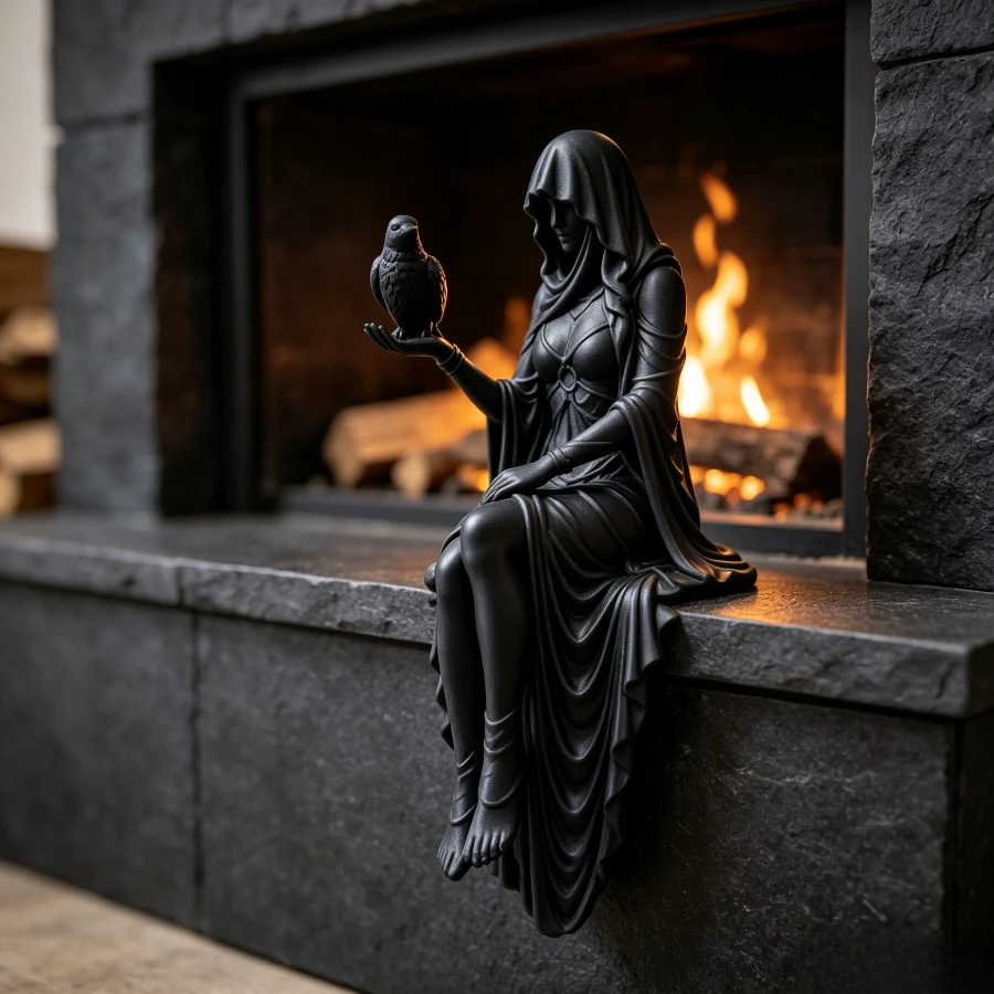 Mysterious Hooded Witch & Raven Edge‑Sitter Figurine Gothic Statue Bookshelf Corner Decor Halloween Witchcraft Collectible Gift