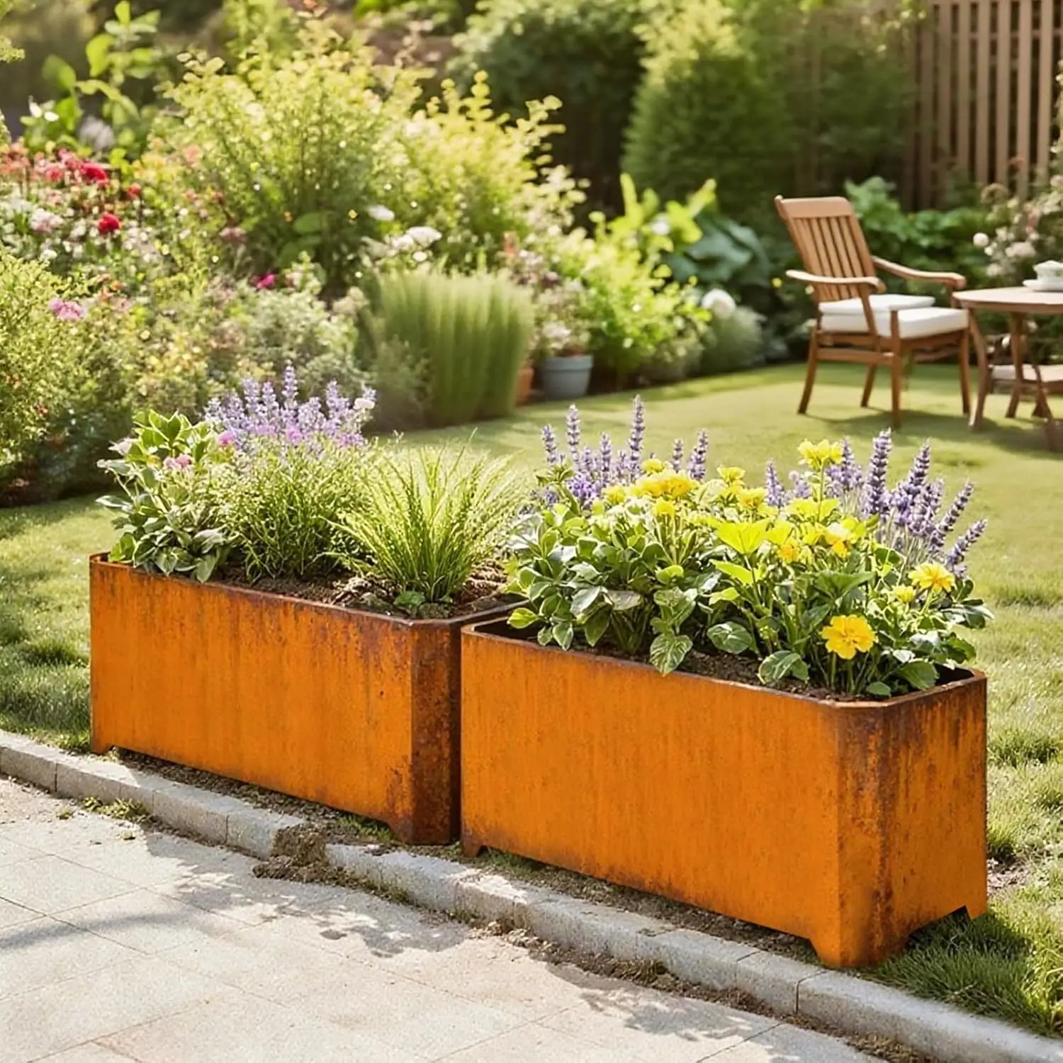 صندوق زراعة فولاذي من كورتن - 32 بوصة × 15 بوصة × 15 بوصة - مزارعات مستطيلة كبيرة للنباتات الخارجية، زارع طويل ريفي شديد التحمل مع مقاس مرتفع #5