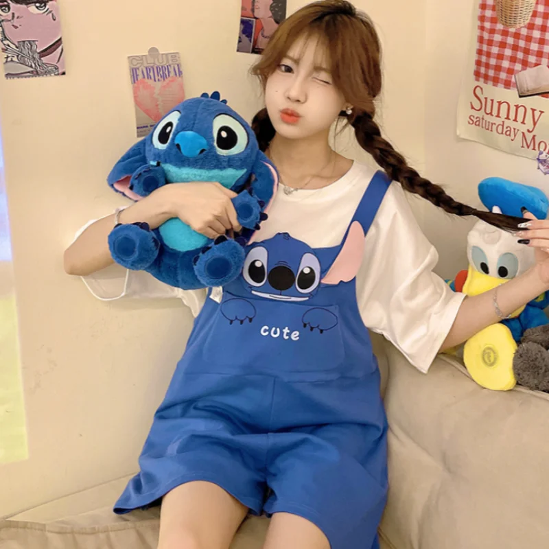 Disney Stitch pajamas summer new cute cartoon straps cotton short sleeves can be worn outside loungewear casual loose suit