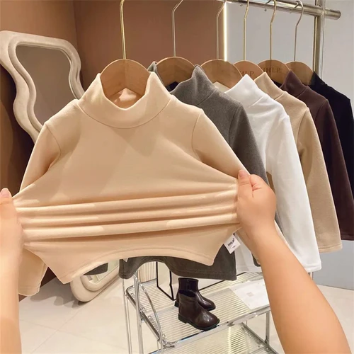 가을 겨울 어린이 옷 단색 아기 긴 소매 터틀넥 티셔츠, 양털 따뜻한 캐주얼 아이 소녀 소년 상의 