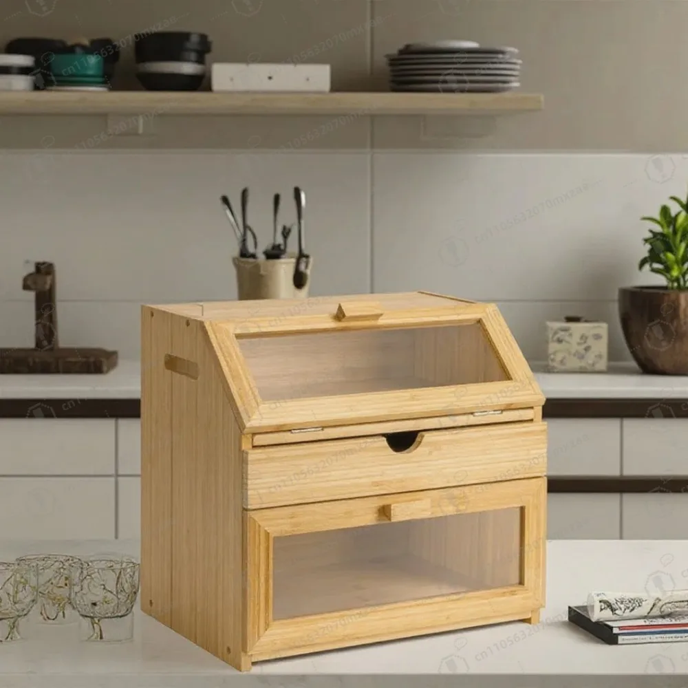 

3-Tier Bamboo Bread Box with View Window, Corner Storage with Built-in Knife & Board Organizer for Kitchen Counter