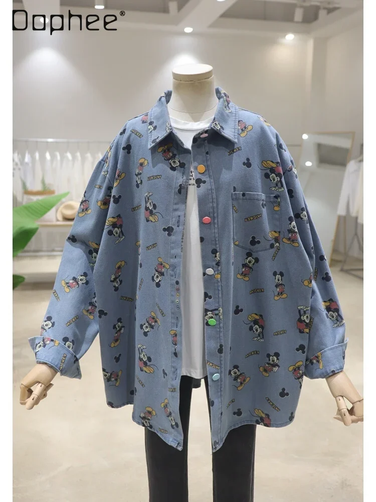 

High Quality Cartoon Printed Denim Jacket Women 2024 Spring and Autumn Loose Mid-Length Single-Breasted Denim Shirt Coats