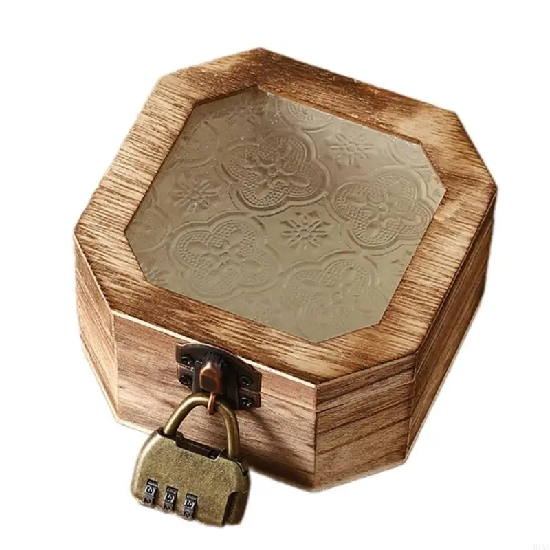 

91AF Makeup Storage Container For Vanity Decoration Glass Lid Wooden Cosmetic Box