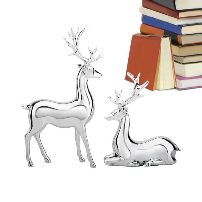 

Silver Deer Statue Reindeer Figurines 2PCS Resin deer Sculpture Living Room Home Decor Christmas Decoration Tabletop Ornaments