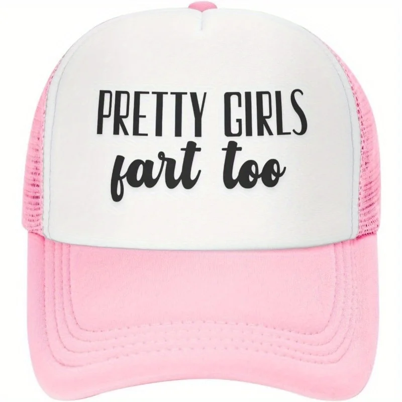 

1pc Pretty Girls Fart Too Trucker Hat - Humorous Pink & White Snapback Cap, Polyester, Casual Style - Funny Gag Gift for Men