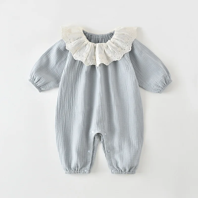 

Весенний комбинезон для новорожденных 0-2 года, с длинным рукавом, из чистого хлопка, для девочек, в корейском стиле, с кружевным воротником