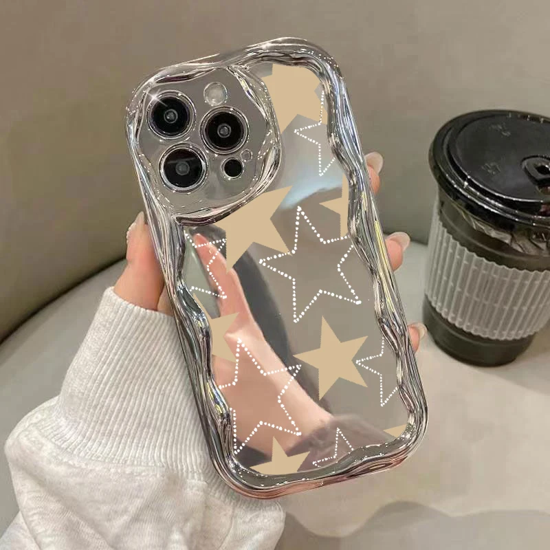 Five-pointed Star Printed Plating Mirror Phone Case For iPhone 16 15 14 13 Pro Max 12 11 Curvy Wave Electroplated Soft TPU Cover