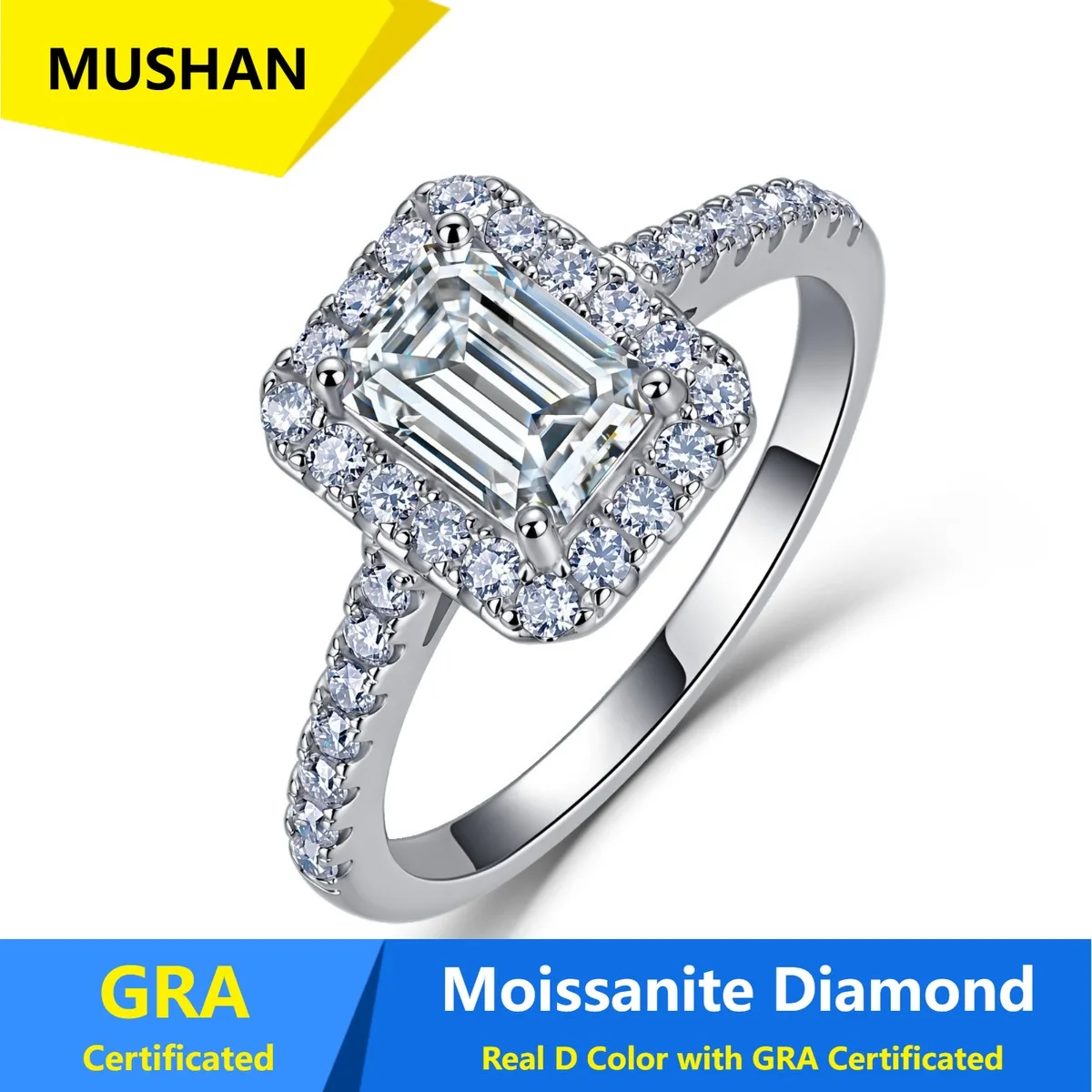 MUSHAN Luxury Jewelry 925 Sterling Silver Ring Band Women GRA Certificated Moissanite Diamond Emerald D Color Rings Fine Jewelry