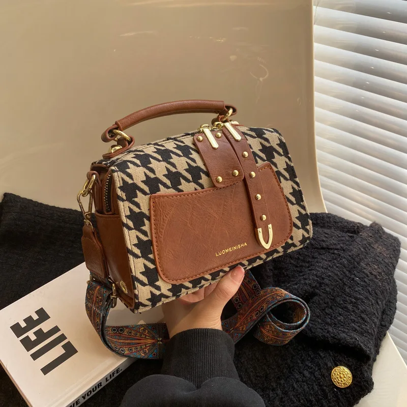 houndstooth style women bags 2023 luxury handbags bolso replica Fashion Retro Handbag Female Shoulder Bag boston bag