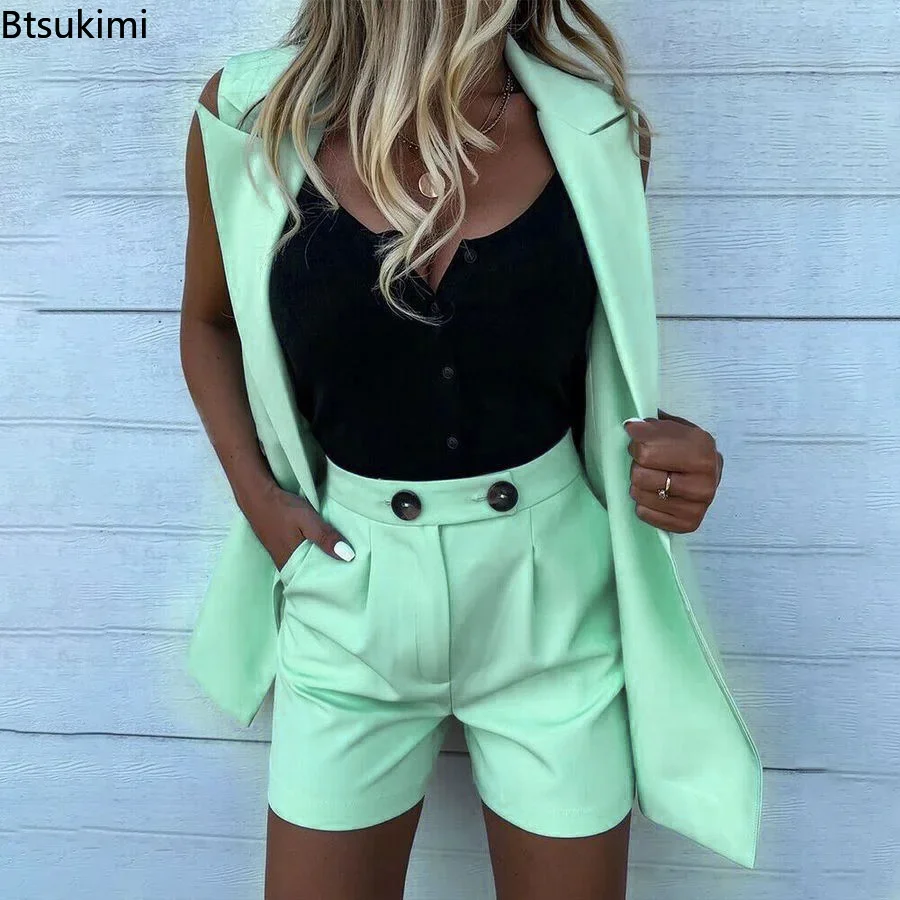 Spring Summer Women\'s 2PCS Sets Suits Vest with Shorts Office Ladies Tracksuits Two Piece Set Suit Coat and Shorts Set Outfits