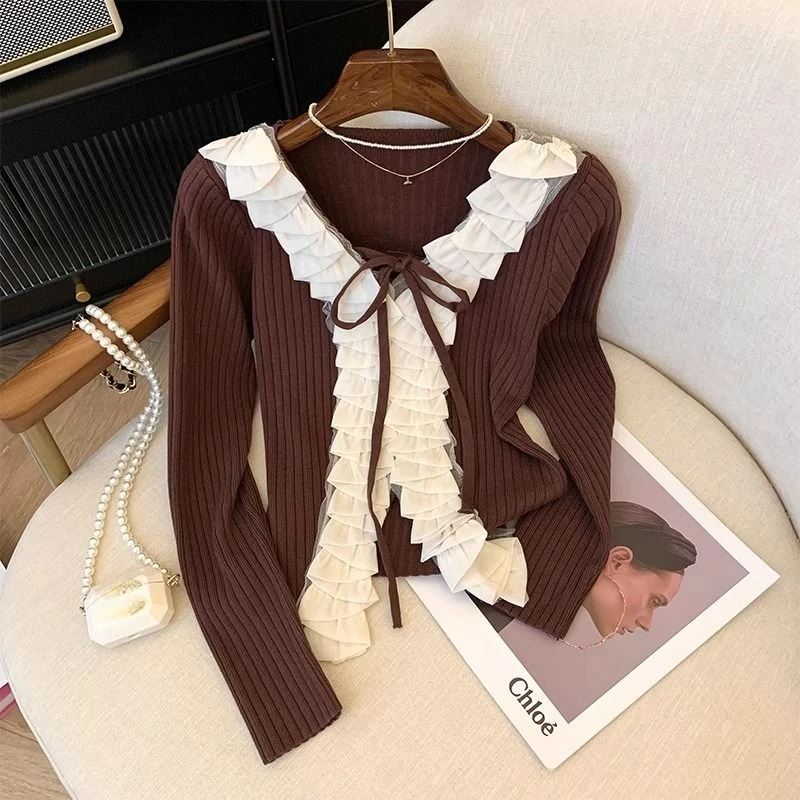 

Ruffles V-neck Vintage Knitted Cardigan 2025 Early Autumn New Black Sweaters Mujer Y2k Slim Fit Long Sleeve Top for Women