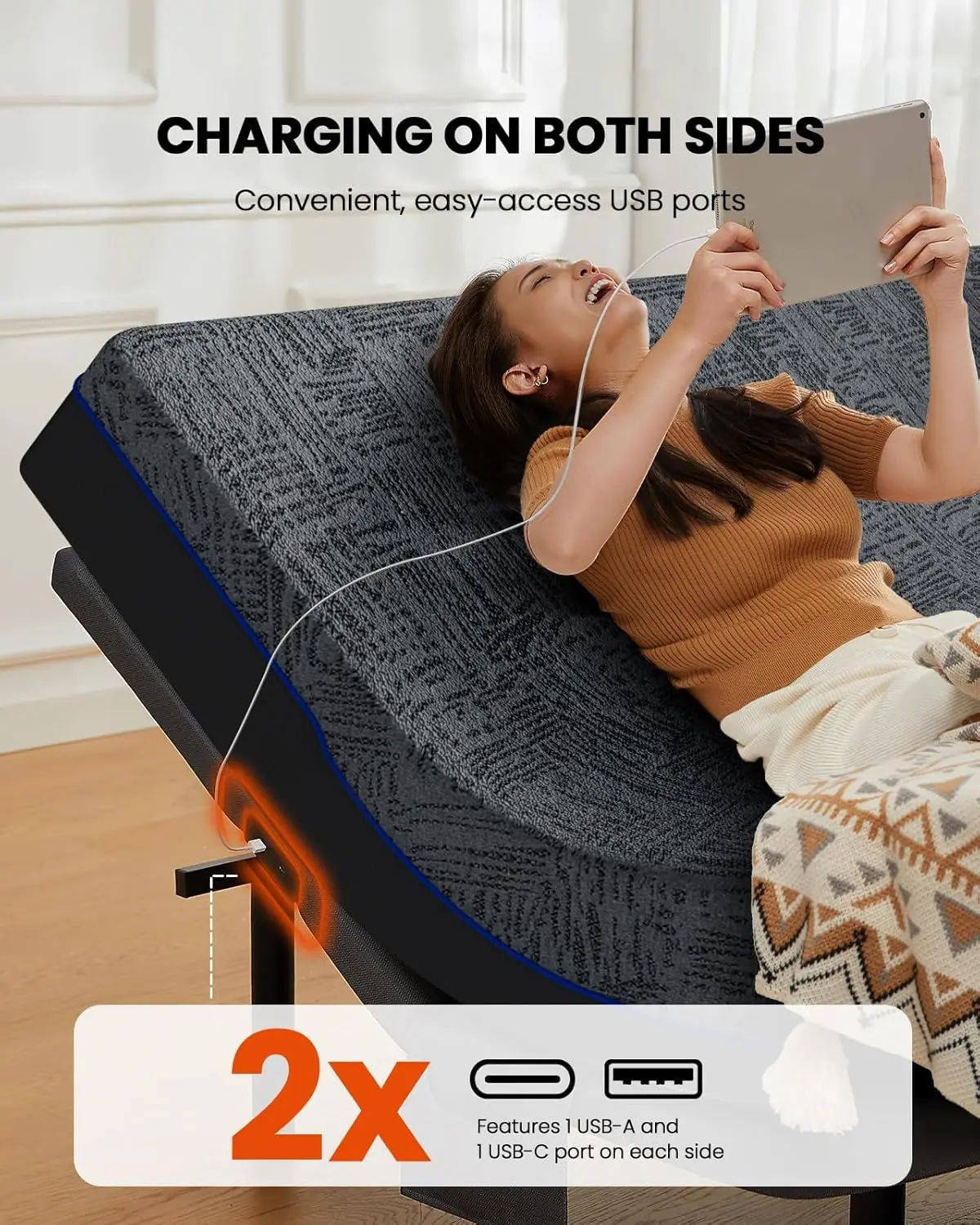 Adjustable Bed Base with Massage, USB Ports, Night Light, Head & Foot Incline, 4 Height Options, Twin XL, Customized view 4