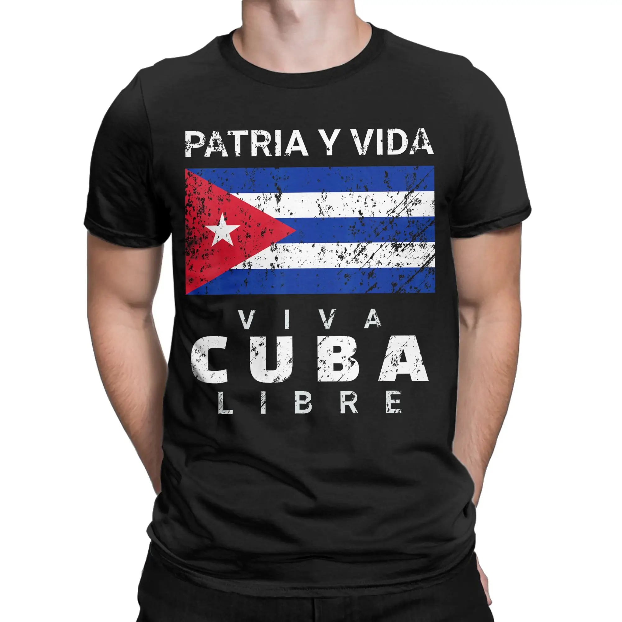 Viva Cuba Libre Patria Y Vida Cuban Distressed Cuban Flag T Shirt  Leisure T-Shirts Short-Sleeve Tops Cotton Oversize Top Tees