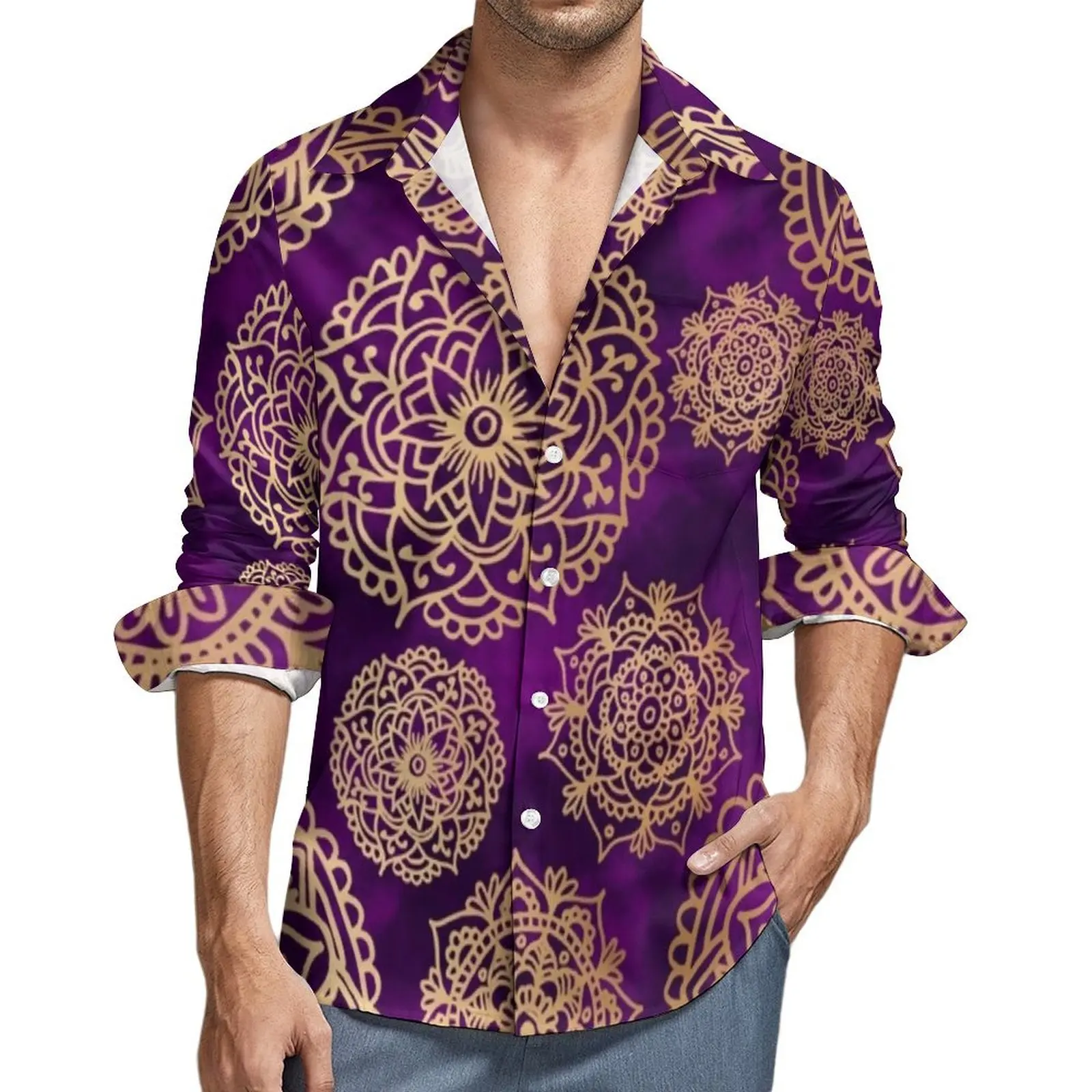 Purple And Gold Mandala Blouse Men Vintage Print Shirt Long Sleeve Classic Breathable Casual Shirts Spring Graphic Tops Big Size