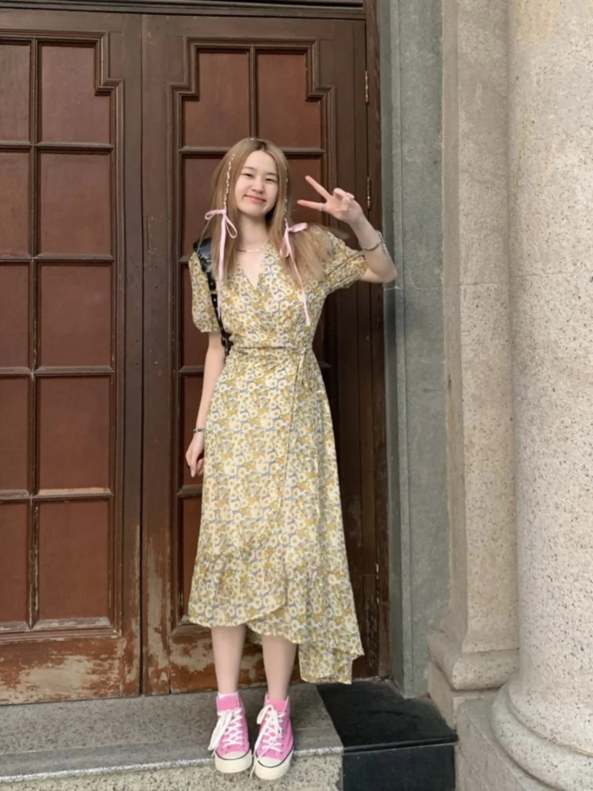 

plus Size Floral Print Dress Slimming Waist High Waist A-Line Skirt Short Sleeve V-Neck Mid-Length Korean Style