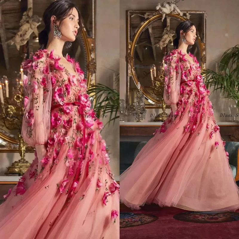 Vestido de novia de manga larga con apliques de flores 3D para mujer, vestido de fiesta de noche hecho a medida, longitud hasta el suelo, tul, talla grande, Rosa