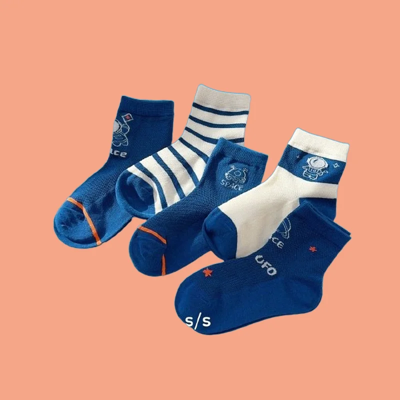 

5/10 Pairs 2024 New Spring And Summer Thin Mesh Universe Boys Combed Cotton Blue Trendy Children's Breathable Casual Socks