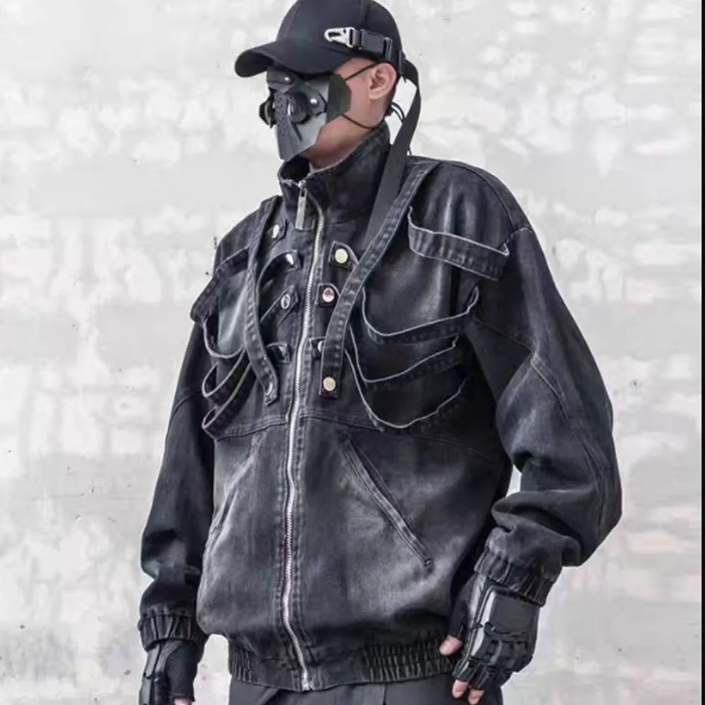 Autumn Dark Retro Washed Shoulder Padded Ripped Denim Jacket Men's Spring and Autumn Workwear Stand Up Collar Jacket