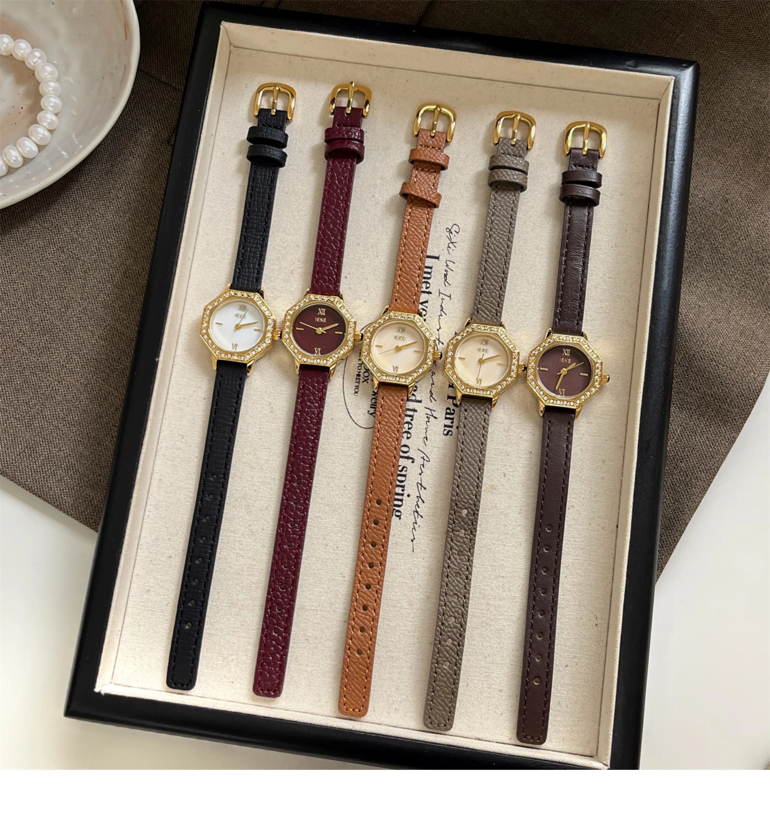 Visible white diamond studded Ankora red watch for women, retro fine strap, exquisite women's versatile quartz watch