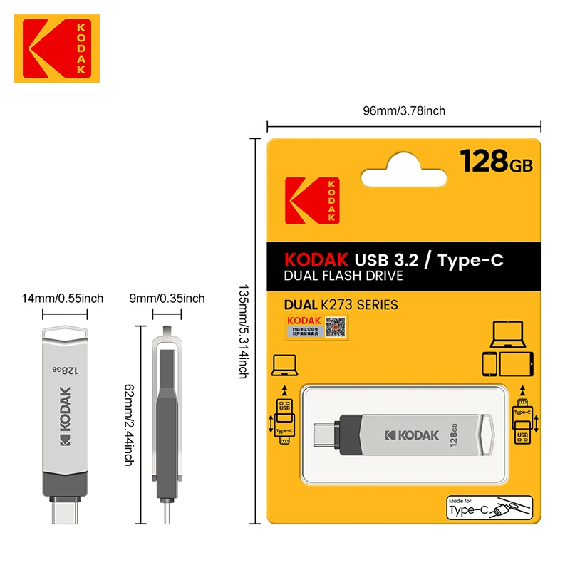 コダック K273 USB 3.2 フラッシュドライブ OTG 128 ギガバイトのペンドライブ USB3.2 Gen 1 Type-c ペンドライブ 128 グラムタイプ C メモリスティック 128 ギガバイト高速