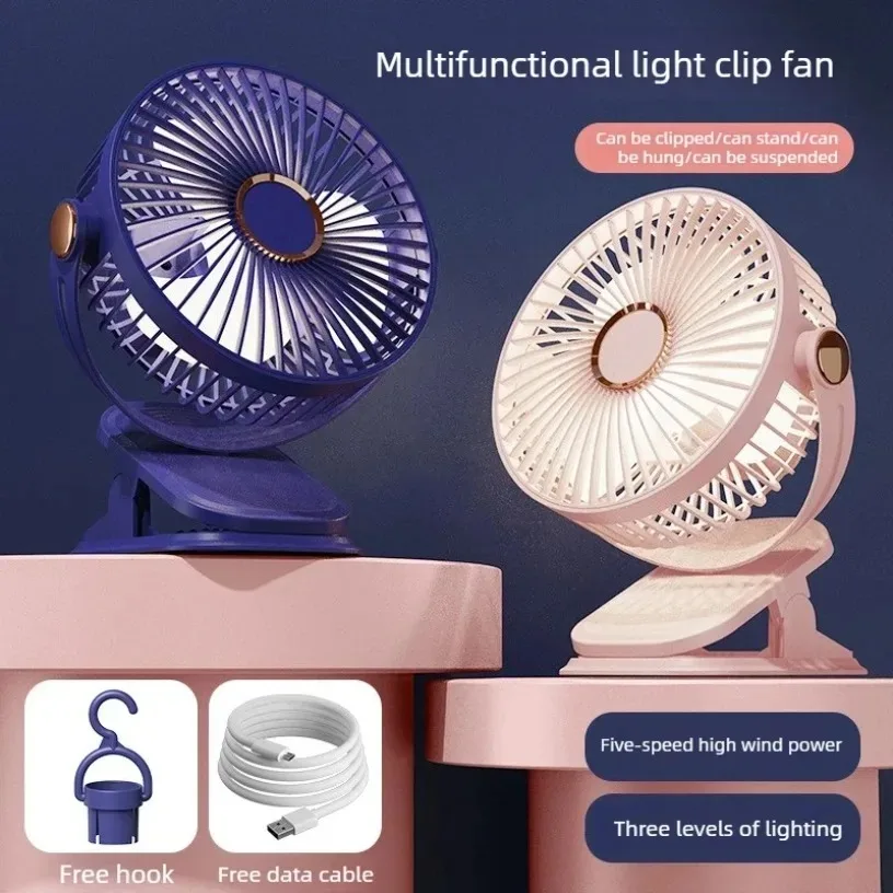 

4 in 1 Clip Fan 5 Speeds 3 Night Lights 720° Rotation USB Rechargeable Brushless Motor Ultra Quiet for Home Office Dorm Camping