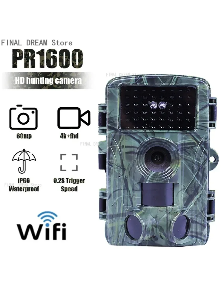 Caméra de chasse en plein air WIFI 60MP PR1600 4K, caméra de faune, Vision nocturne infrarouge activée par le mouvement, piège Photo étanche