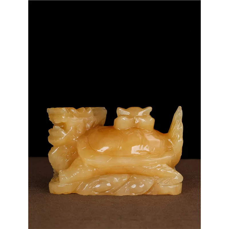 Natural jade beige jade dragon turtle ornament for home, living room, office desktop decoration, gift for good fortune and prosp