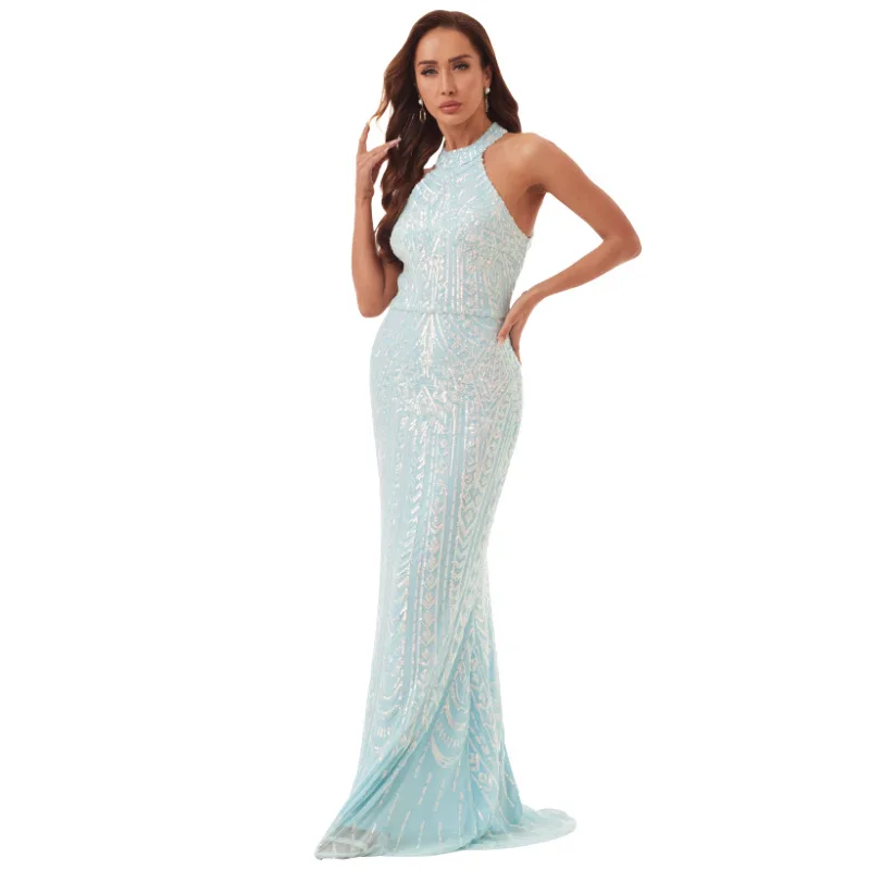 

Retro Gorgeous And Elegant Sequin Sexy Adult Women Brightly Banquet Luxury Halter Evening Dress Long Slim Fit Party Fancy Dress