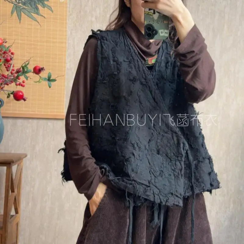 

New Arrival Arts Style Autumn Women Sleeveless V-neck Open Stitch Coats Thicken Vintage Jacquard Cotton Linen Vest High Quality