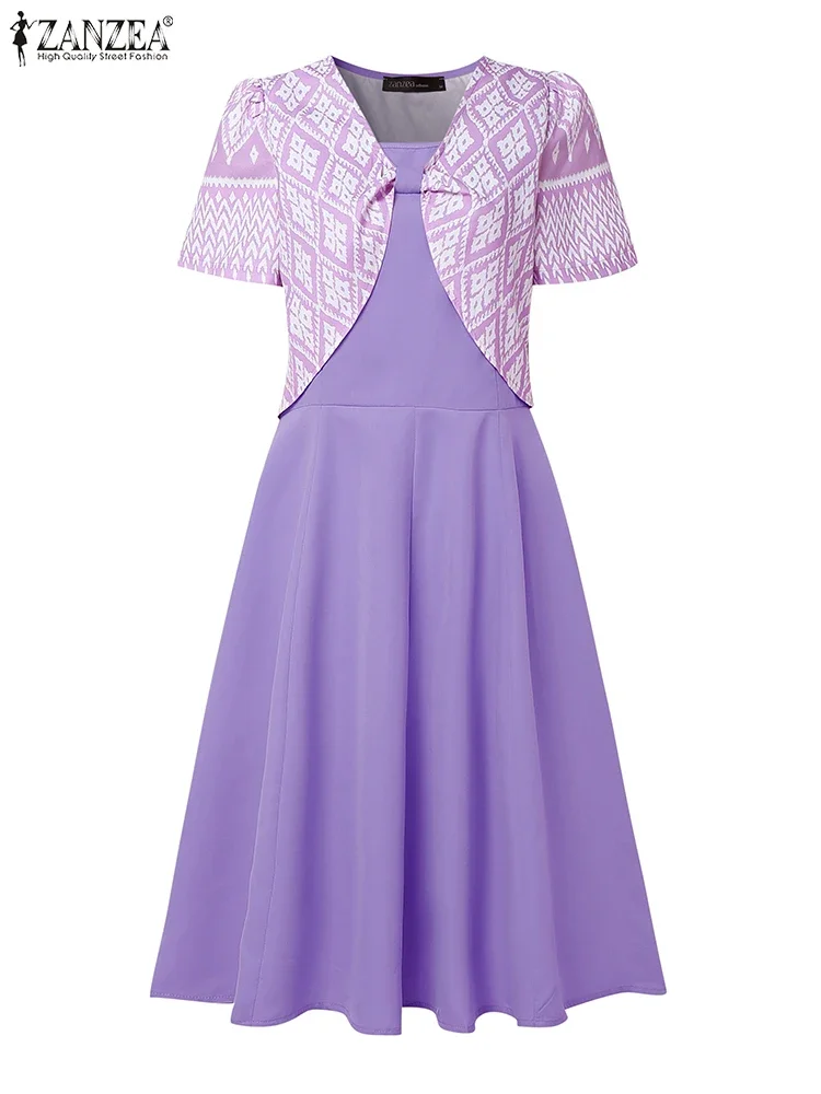2025 ZANZEA femmes robes de soirée élégantes robes d'été mode impression col en v manches courtes bouffantes Robe de vacances Robe d'été décontractée