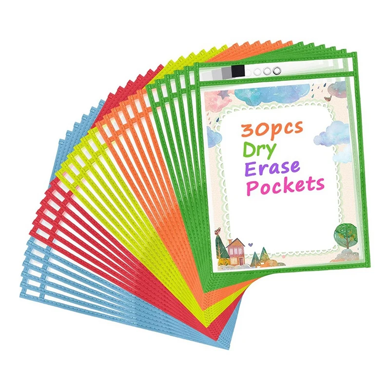 

30 Pack Dry Erase Pocket Covers Reusable Ticket Holders As Shown PET Organization Supplies For School