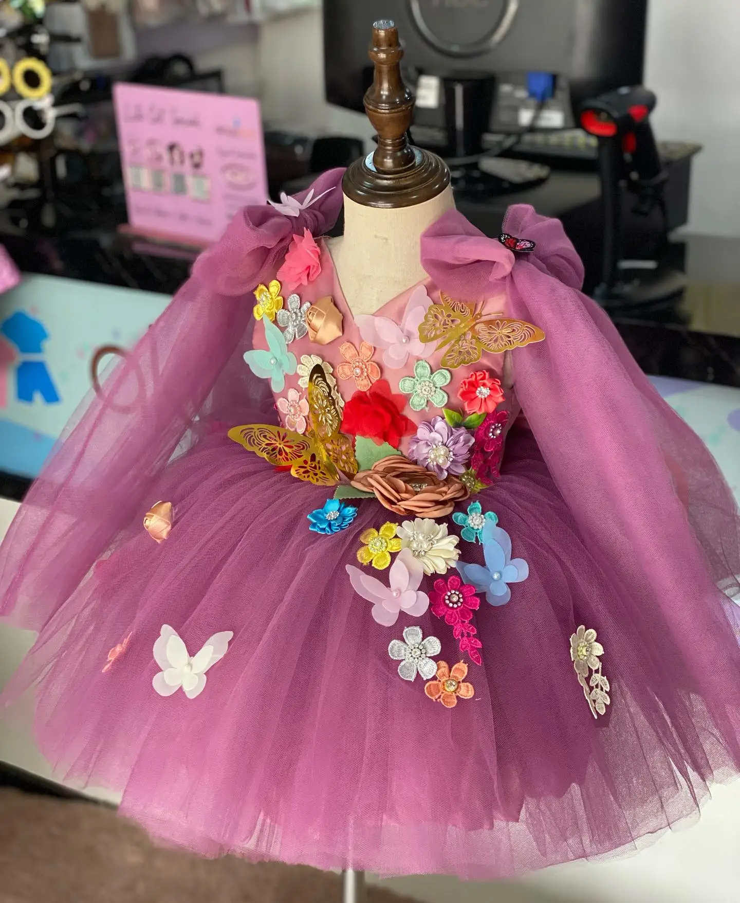 Purple 3D Flower Girl Dress For Wedding Party Butterfly Princess First Communion Dress Birthday Gowns