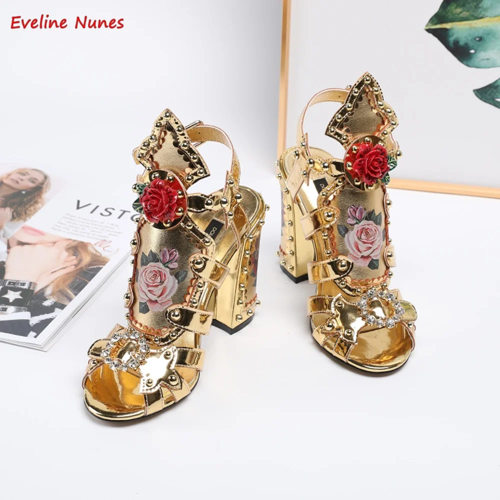 Gold Print Rose Sandals 2024 Summer New Arrival Rhinestones Thin High Heel Round Toe Ankle Strap Buckle Model Women's Shoes