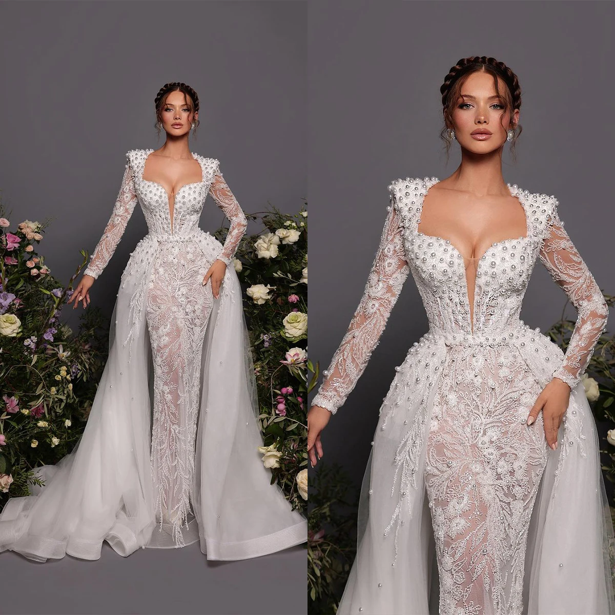 

Gorgeous Mermaid Wedding Dress Square Pearls Lace Tulle Long Sleeves Detachable Train Backless Bridal Customized Robe De Mariée