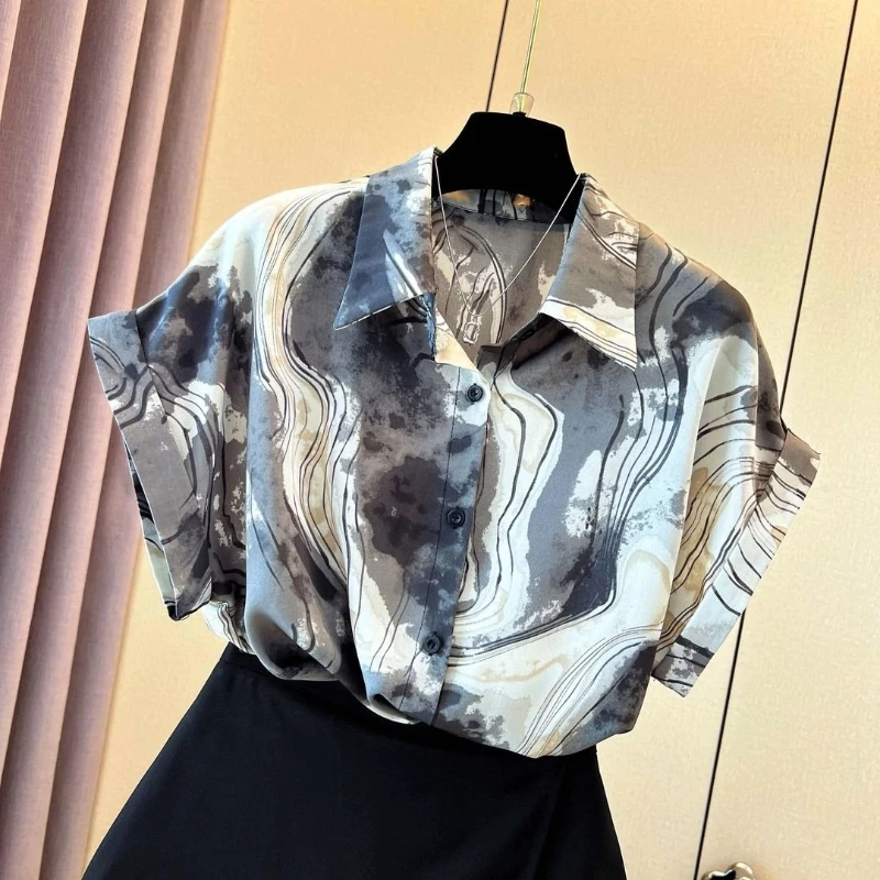 

Tie Dye Short Sleeve Vintage Blouse Summer New Office Polo Neck Print All-match Elegant Shirt Tops Casual Fashion Women Clothing