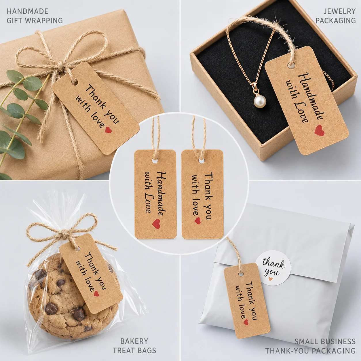 100 Stück Kraftpapier-Etiketten für Handarbeiten und Dankeschön-Geschenke mit Juteseil, geeignet für Party-Souvenirs und Schmuckverpackungen – Detail 2