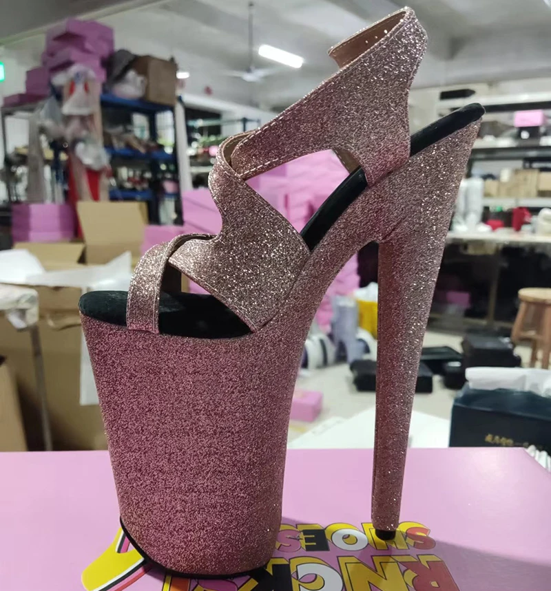 LAIJIANJINXIA New 9 inch High Heel Sandals Cross Sequined Shoes Fashion 23Cm Thin Heels Shoes Sexy Model Pole Dancing Shoes