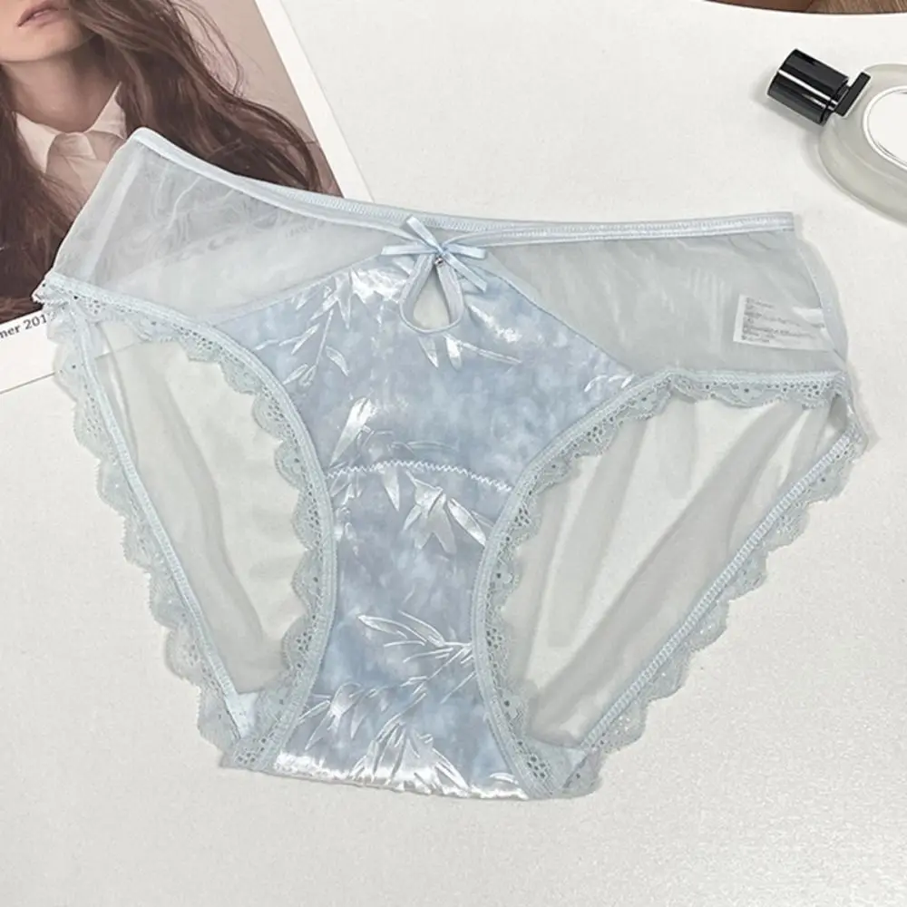 

Sweet Low Waist Lace Mesh Panties Transparent Chinese Style Seamless Briefs Bowknot Velvet Underwear for Women Ladies
