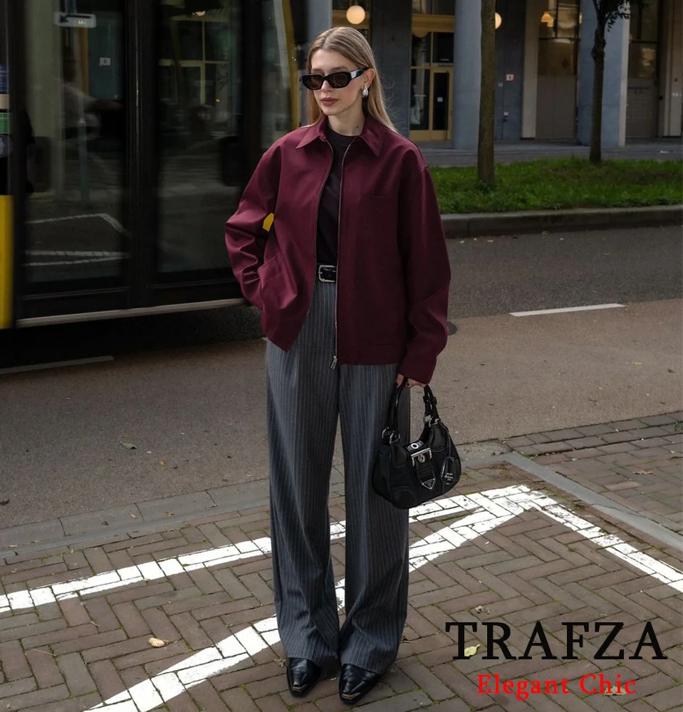 TRAFZA-Women Vintage Loose Lapel Jacket Burgundy Color Zipper Jacket New 2024 Autumn Stylish Versatile Casual Jacket