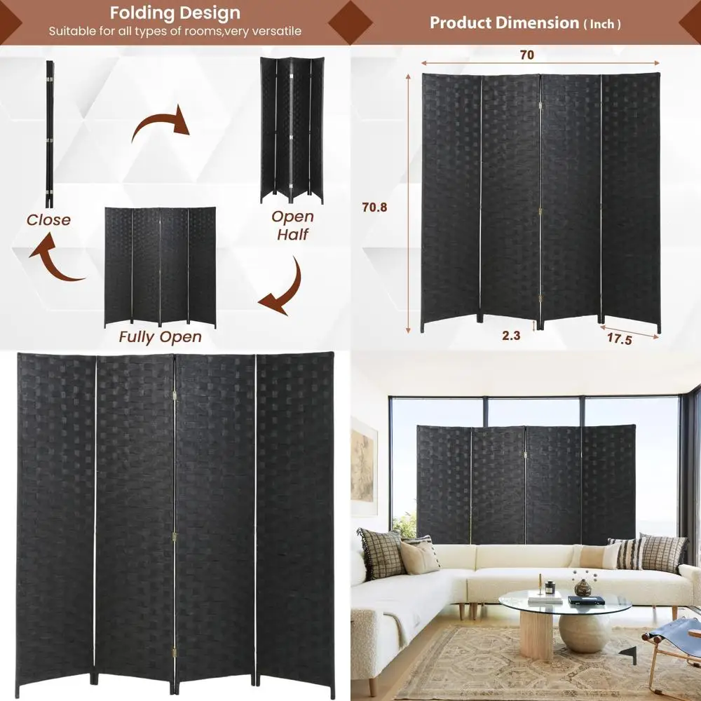 

6FT 4-Panel Black Wood Mesh Folding Indoor Room Divider Screen - Portable Partition