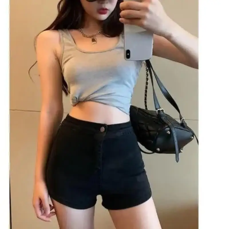 Shorts jeans de cintura alta com bolsos para mulheres, jeans casual apertado, elástico e básico, quente e preto, verão, 2024