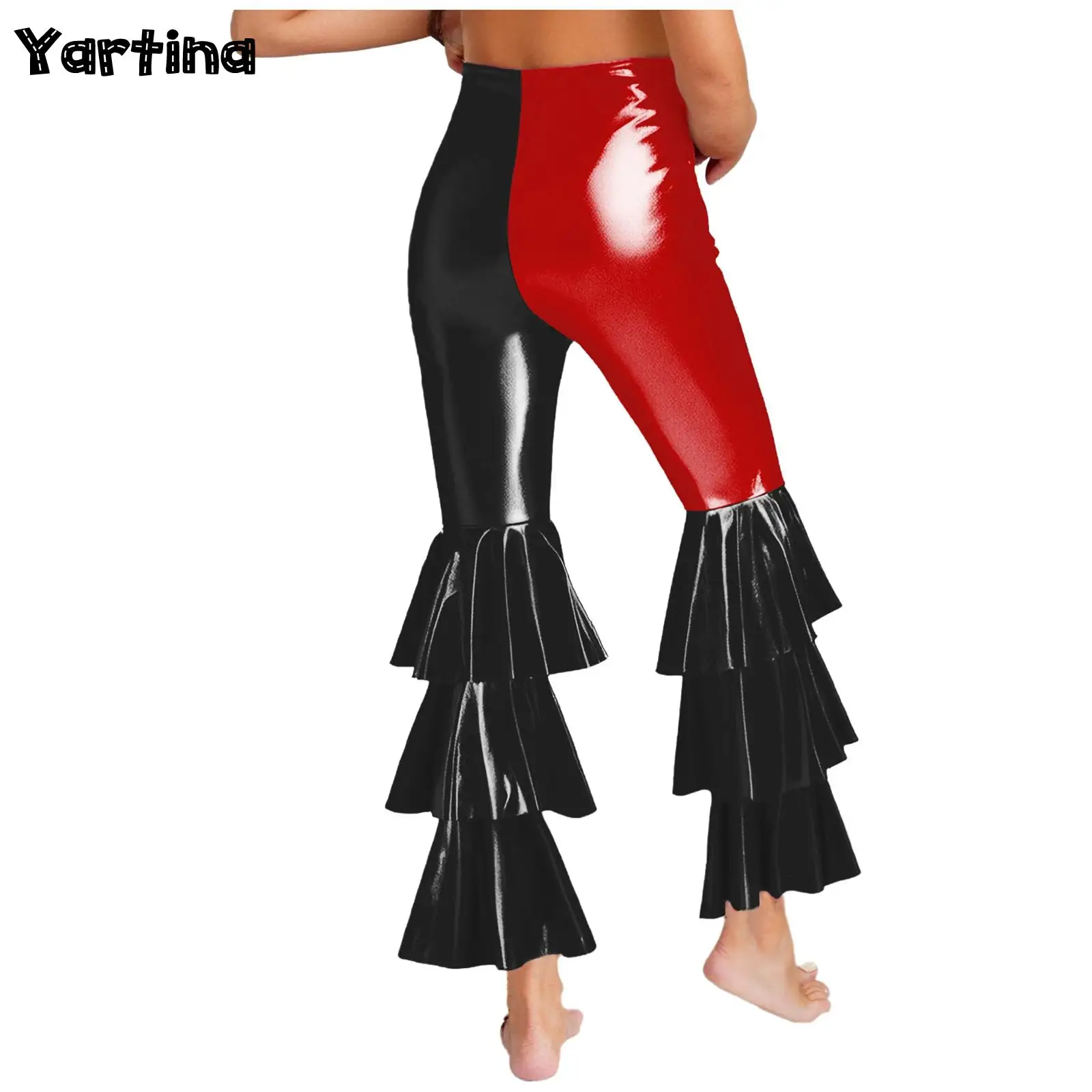

Womens 70s 80s Disco Long Pants Metallic Shiny Flared Pants Tiered Ruffled Bell Bottom High Waist Trousers Halloween Costume