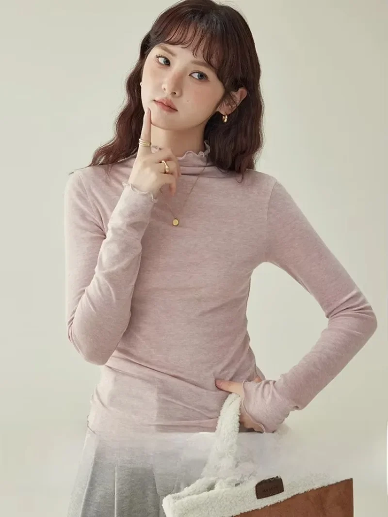 Solid Color Sheer Mesh Turtleneck Long Sleeve Top Women Slim Fit Soft Stretchy Korean Fashion Lightweight Daily Inner Base Wear