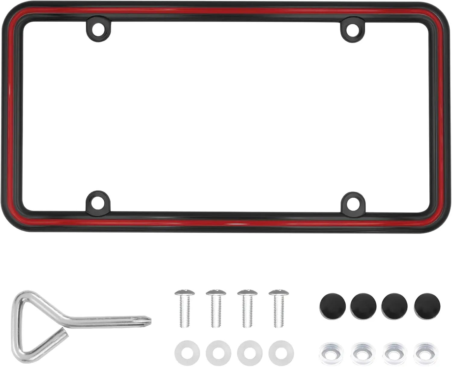 

Heavy Duty Metal License Plate Frame, Zinc Alloy with 4 Holes, Never Rust Unbreakable, Includes Mounting Hardware Kit (BLK-Red)