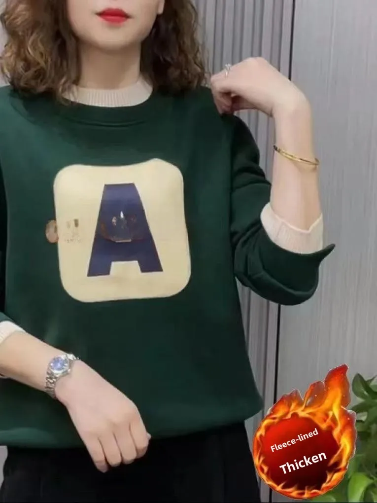 

Women's Fce Lined round Ne Sweatirt Long Sve Casual Sle Korean Version Winter Warm Top Bot irt