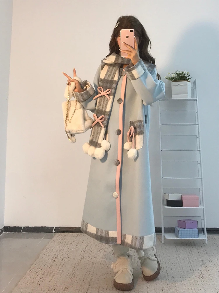 

Милое шерстяное пальто для женщин, маленький размер, осень-зима, новинка 2025, с клетчатыми вставками, дизайнерское, прямого кроя...