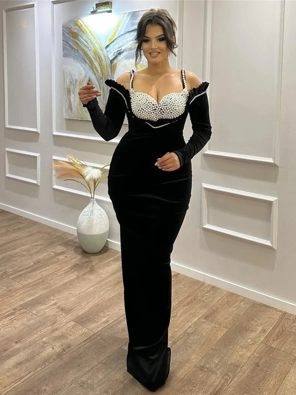 

Black Sexy Off Shoulder Pearl Ruched Tight Bandage Long Dress Women Long Sleeve Club Celebrity Evening Party Vestidos