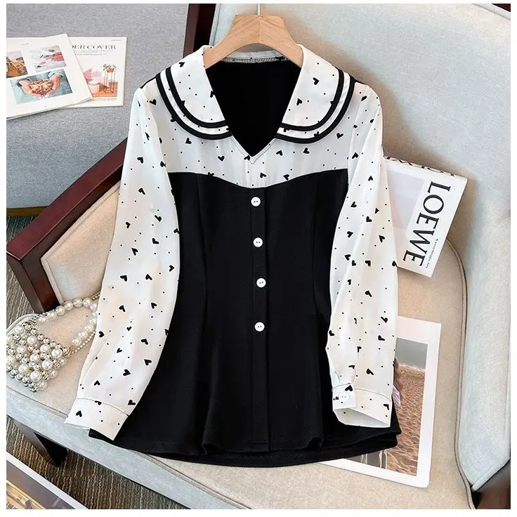 Women's Clothing Spring and Autumn New Style Temperament, Age Reducing Fake Two Piece Doll Collar Shirt Slimming Versatile Top