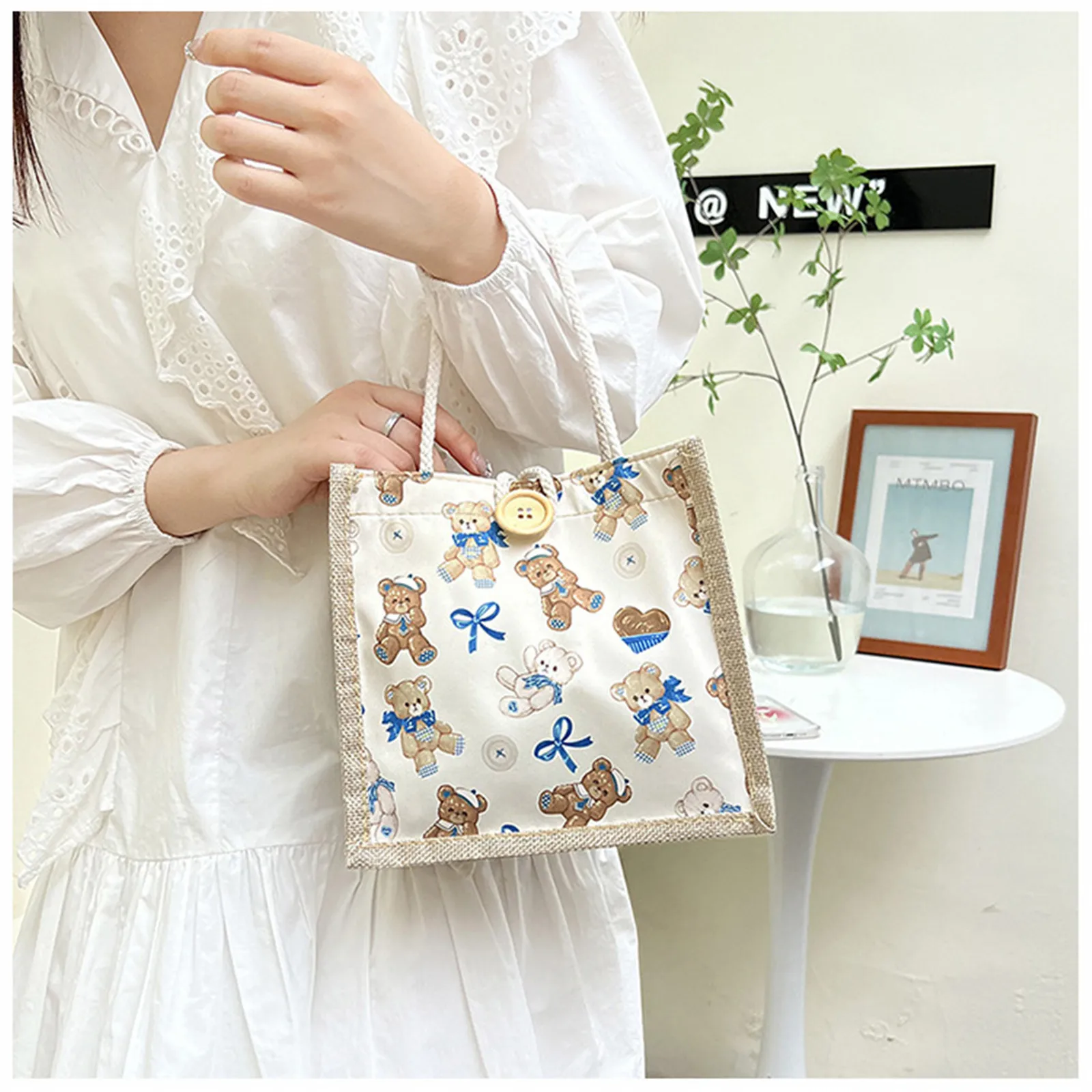 New Cartoon Cute Bear Linen Bag Portable Shopping Bag Large-Capacity Students Women Eco Tote Bag Travel Cloth Bag Tote Handbag