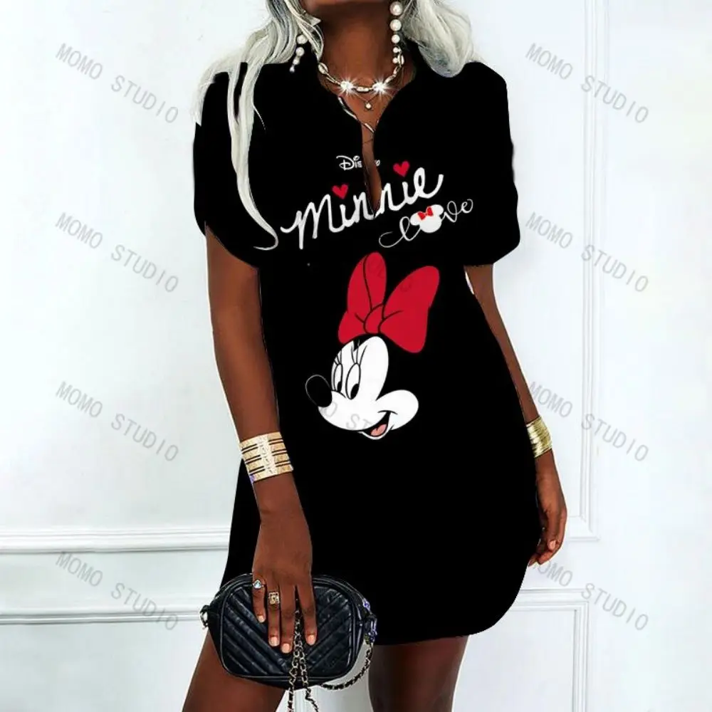 Minnie Mouse Korean Fashion Disney Elegant Casual Women's Dresses Y2k Vintage Dress Mickey Polo Shirts V-Neck Woman Clothes Sexy